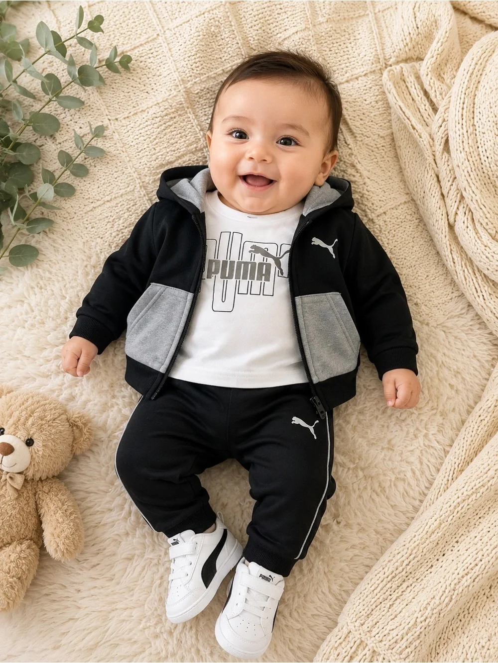Puma Black and Gray Baby Hoodie Jogger Set with White Tee